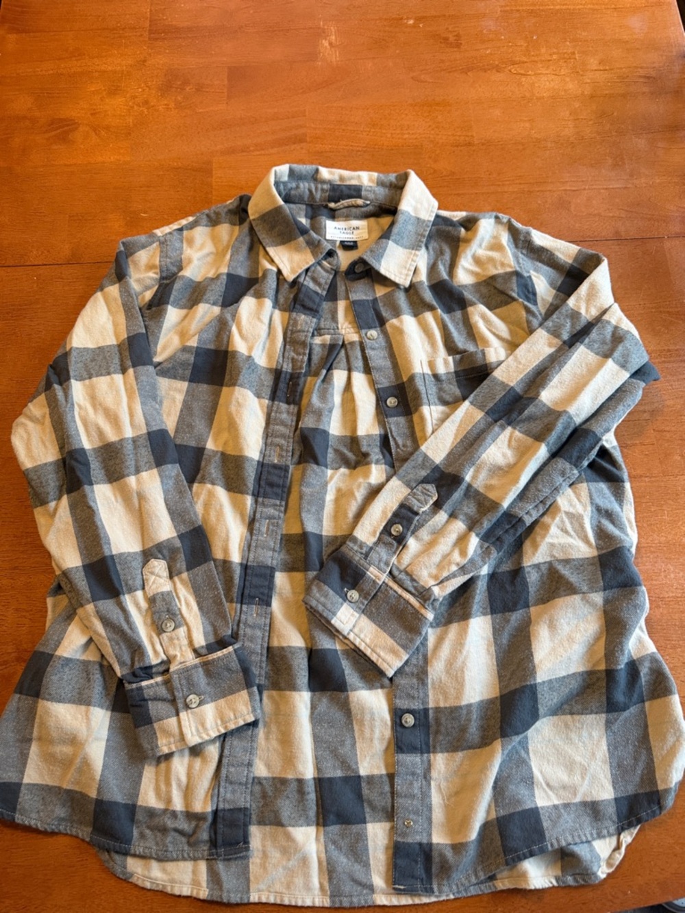 American Eagle Outfitters Beige and Gray and light blue stripe Plaid Button-Down